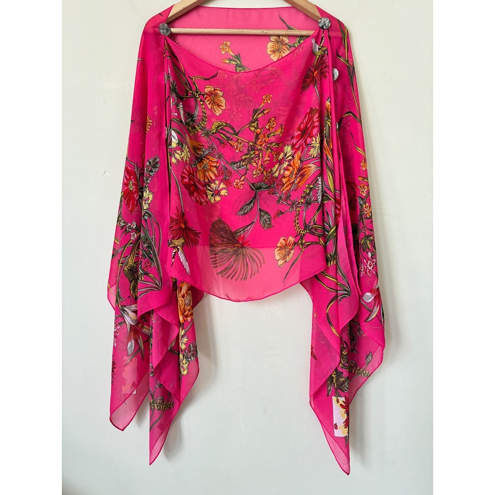 The Magic Scarf Pink Floral Hummingbird Silky 6 Button Poncho Cape Wrap Fairy